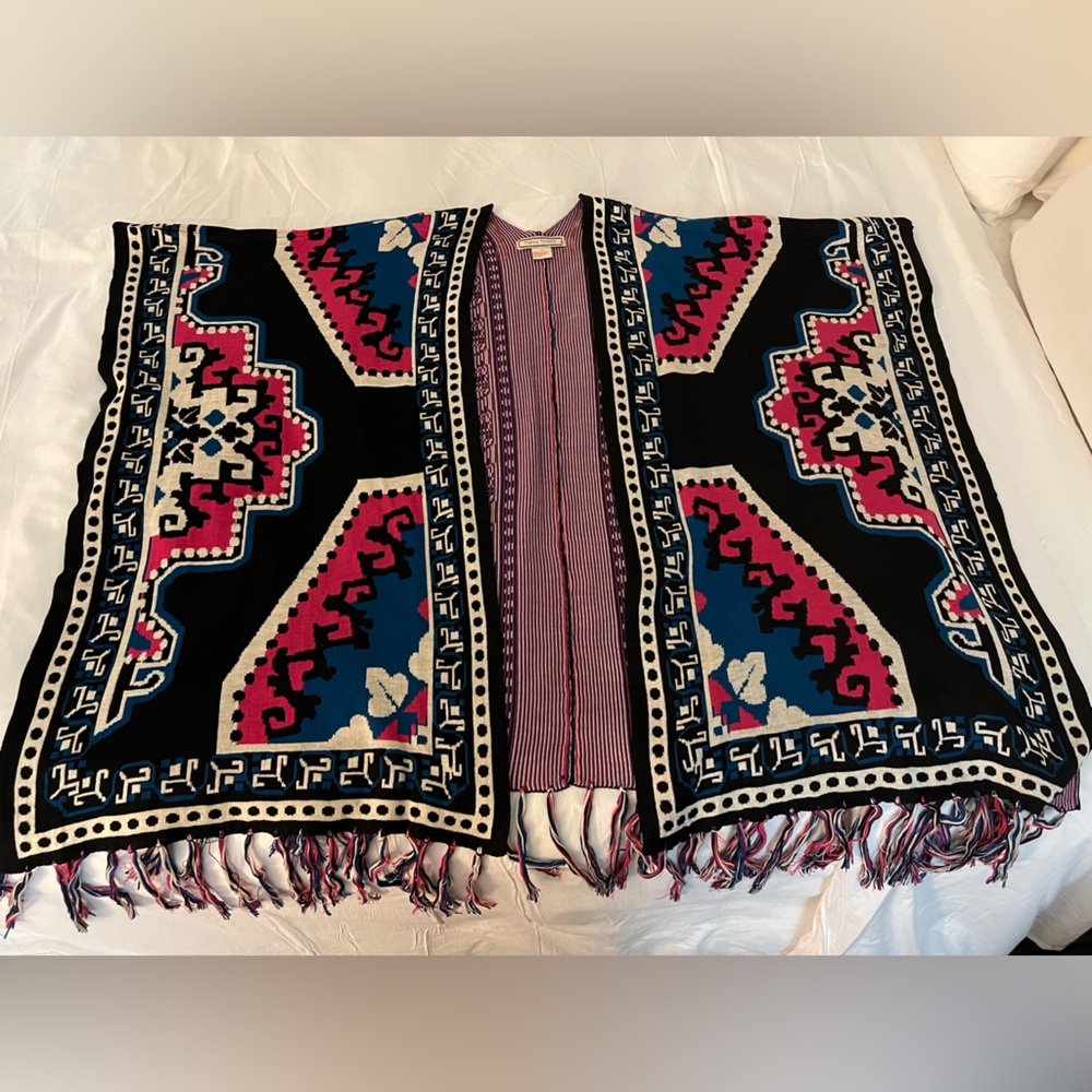 Flying Tomato shawl black, pink, blue, and white design with fringe Small